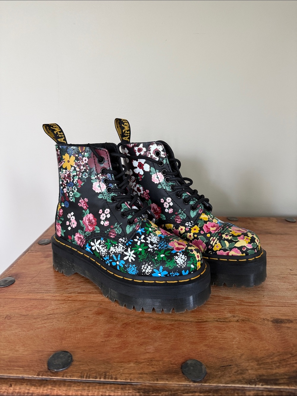 Dr. Martens Black Floral Platform Lace-Up Boots with Multicolor Flowers